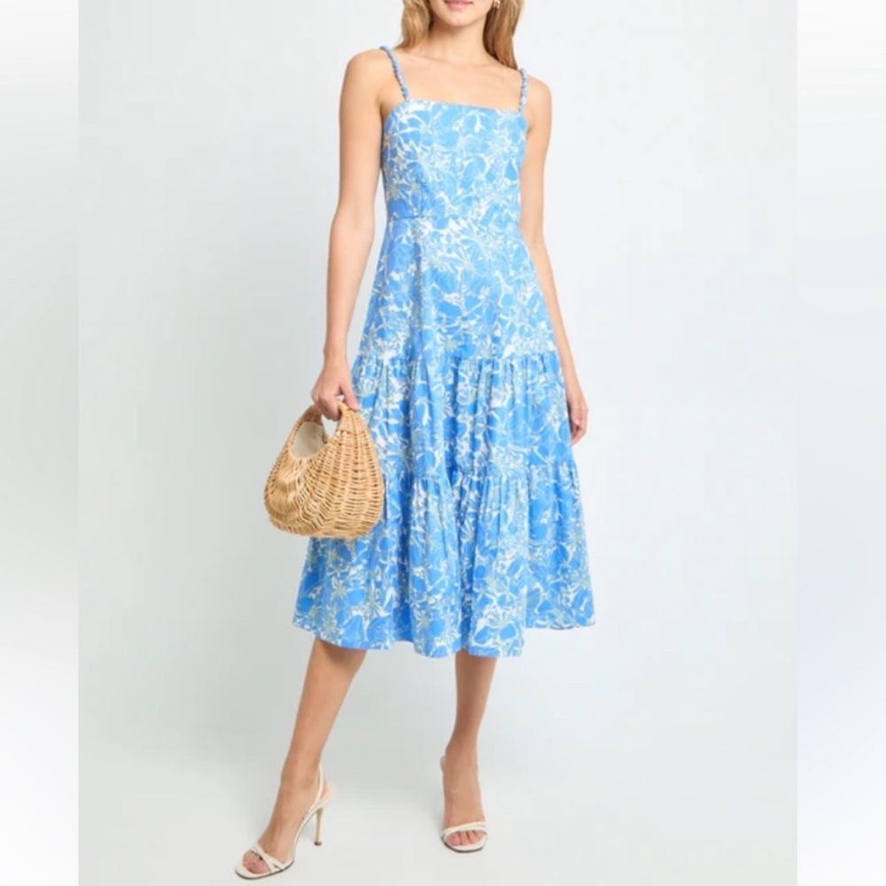 Shopbop o.p.t 100% Cotton Floral Print Tiered Midi Dress Blue White Sundress 4